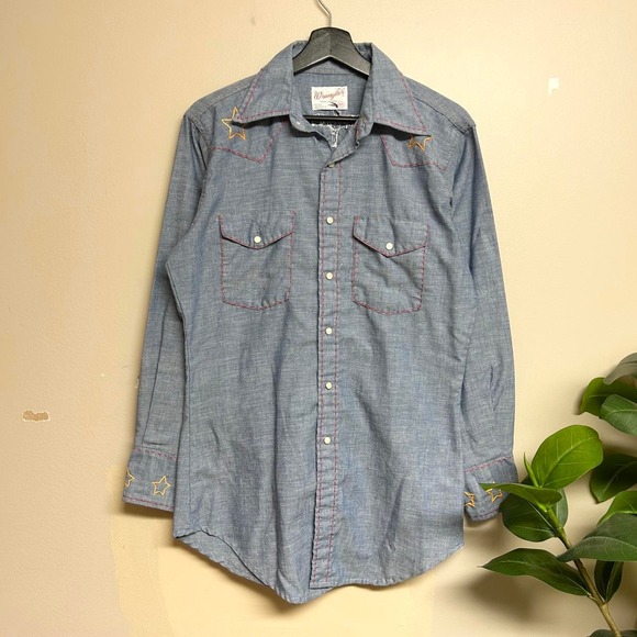Wrangler Other - Vintage 80s Wrangler Embroidered Denim Pearl Snap Western Shirt Mens M